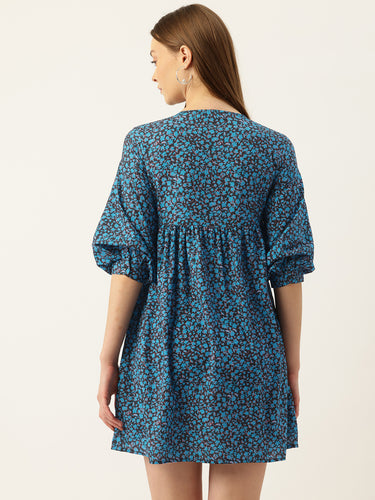 Ditsy Floral Printed Tie-Up Neck Gathered Mini Dress